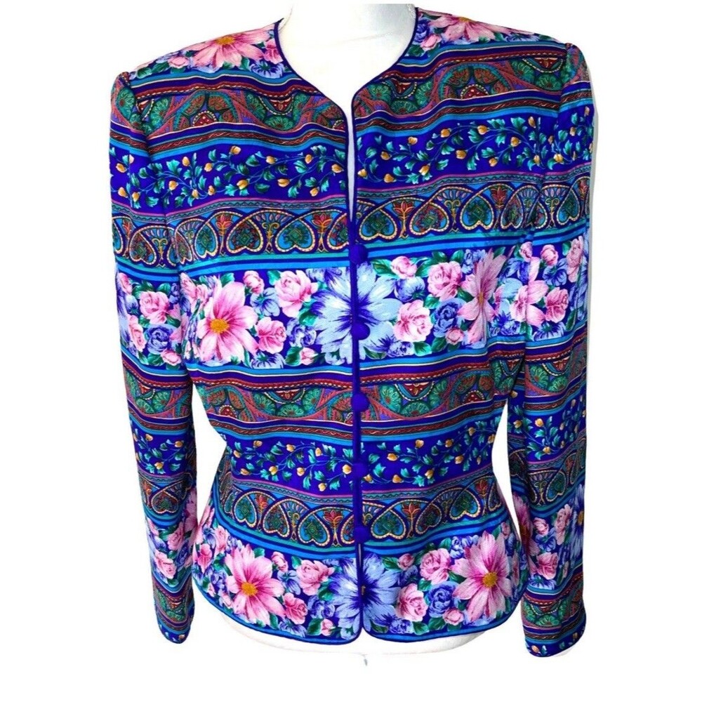 Vintage Adrianna Papell 100% Silk Jacket Bright Colorful Floral Size 12